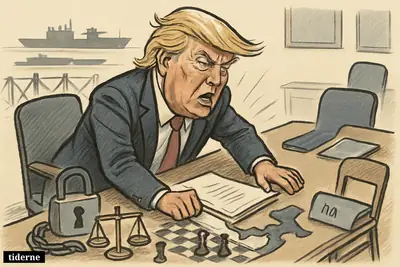 Donald Trump caricature slams papers at a negotiation table, with sanctions props, chess pieces, and Hormuz tanker symbols around him.