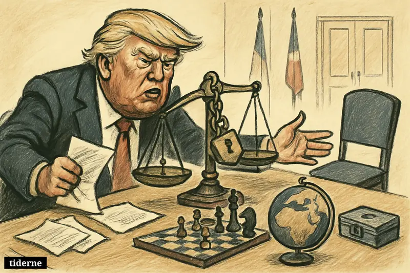 Donald Trump scowls and rejects papers at a negotiation table, with stalled chess pieces, locked scales, and Middle East conflict symbols around him.
