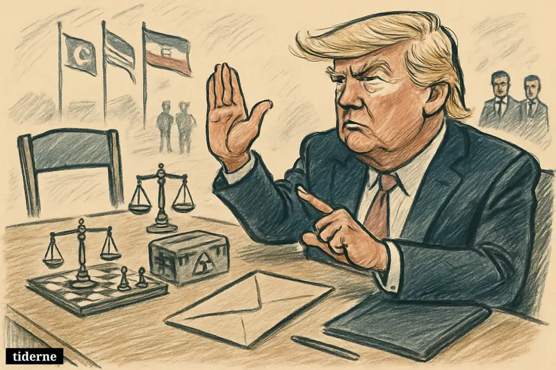 Donald Trump caricature rejects a diplomatic proposal at a negotiation table, with an empty opposing chair and props symbolizing stalled nuclear talks.