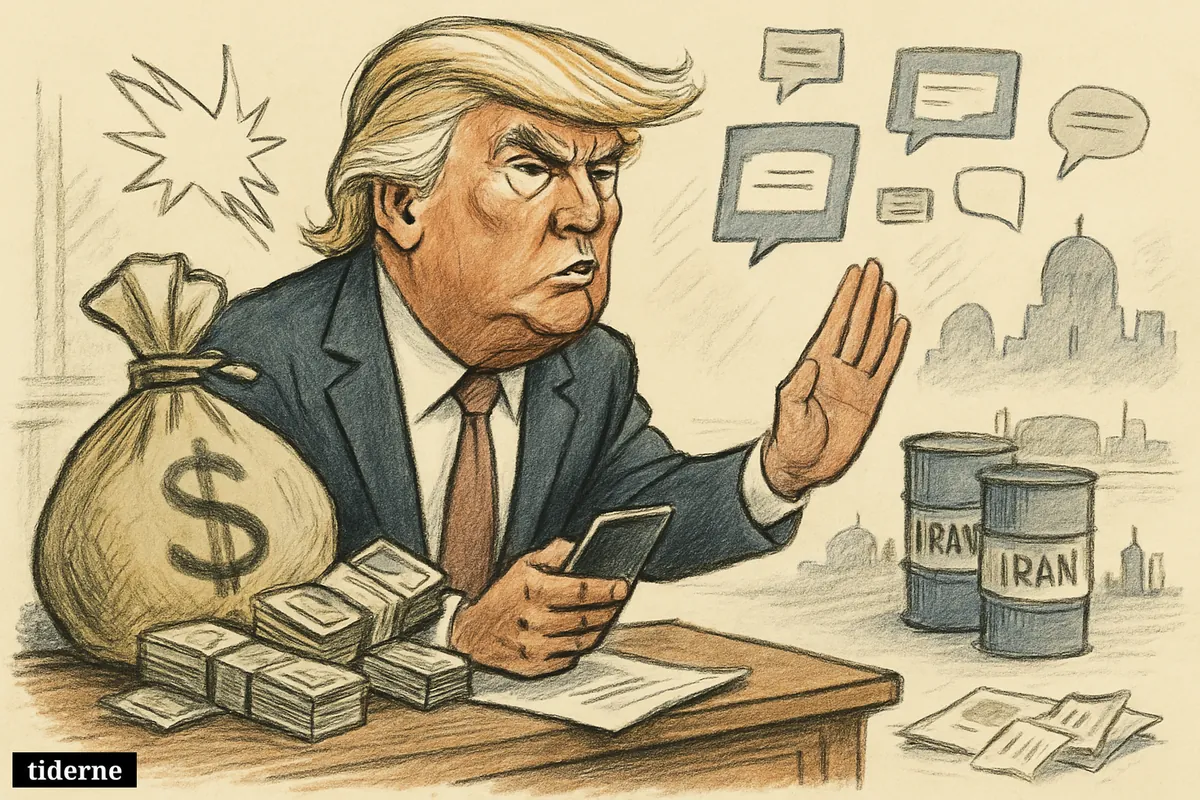 Donald Trump as a caricature angrily rejects piles of cash on a desk, clutching a phone with Iran and media symbols behind him.