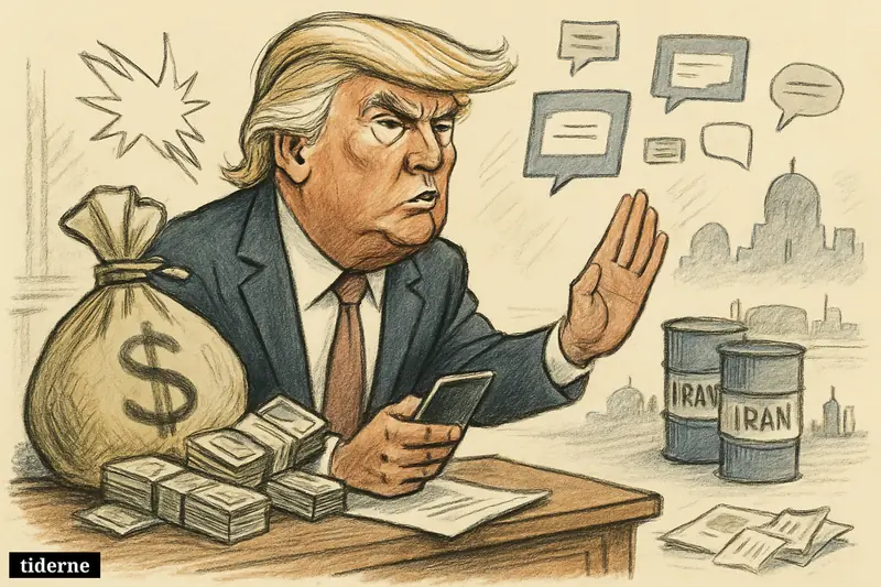 Donald Trump as a caricature angrily rejects piles of cash on a desk, clutching a phone with Iran and media symbols behind him.