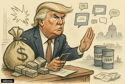 Donald Trump as a caricature angrily rejects piles of cash on a desk, clutching a phone with Iran and media symbols behind him.