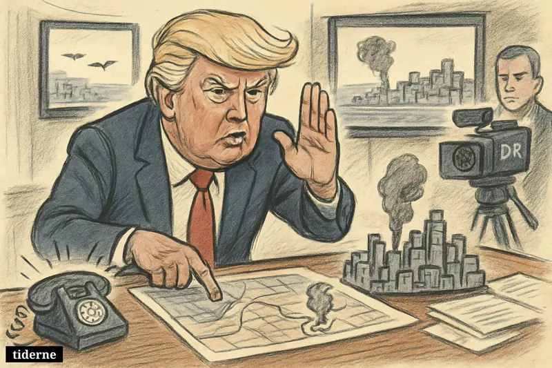 Donald Trump, shown as a caricature, gestures sharply over a Beirut map and miniature skyline as screens behind him suggest a Middle East airstrike.