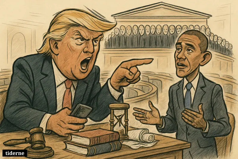 Trump angrily points from a Senate desk while Obama stands behind him, with an oversized Supreme Court bench crowded by many justices.