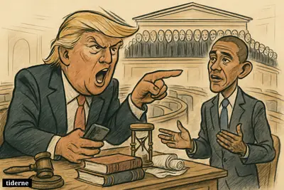 Trump angrily points from a Senate desk while Obama stands behind him, with an oversized Supreme Court bench crowded by many justices.