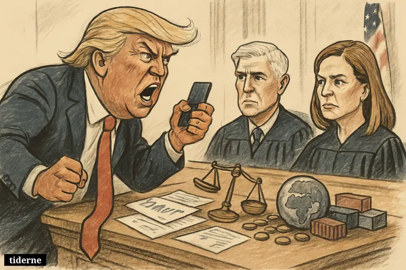 Trump angrily confronts caricatured Supreme Court justices Gorsuch and Barrett in a courtroom filled with tariff, legal, and economic symbols.