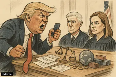 Trump angrily confronts caricatured Supreme Court justices Gorsuch and Barrett in a courtroom filled with tariff, legal, and economic symbols.