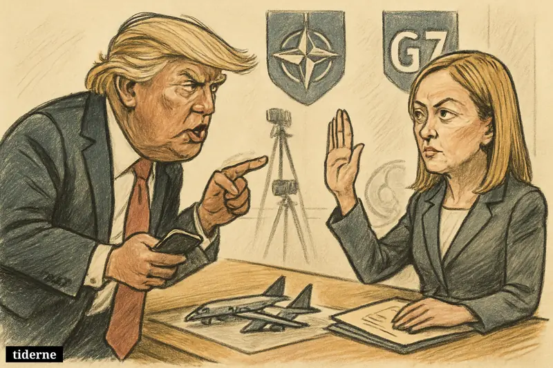 Caricature of Donald Trump angrily confronting Giorgia Meloni across a summit table with a phone, model runway, jets, and NATO symbols.
