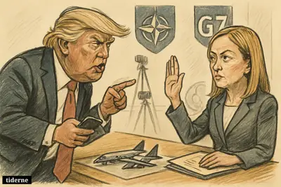 Caricature of Donald Trump angrily confronting Giorgia Meloni across a summit table with a phone, model runway, jets, and NATO symbols.
