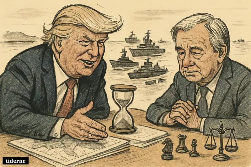 Trump and António Guterres face each other at a tense negotiating table, with an hourglass, naval blockade maps, and warships near a narrow sea passage.