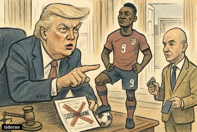 Trump pressures Gianni Infantino in an office-football scene while Folarin Balogun stands ready to play, suspension seemingly lifted before a knockout match.