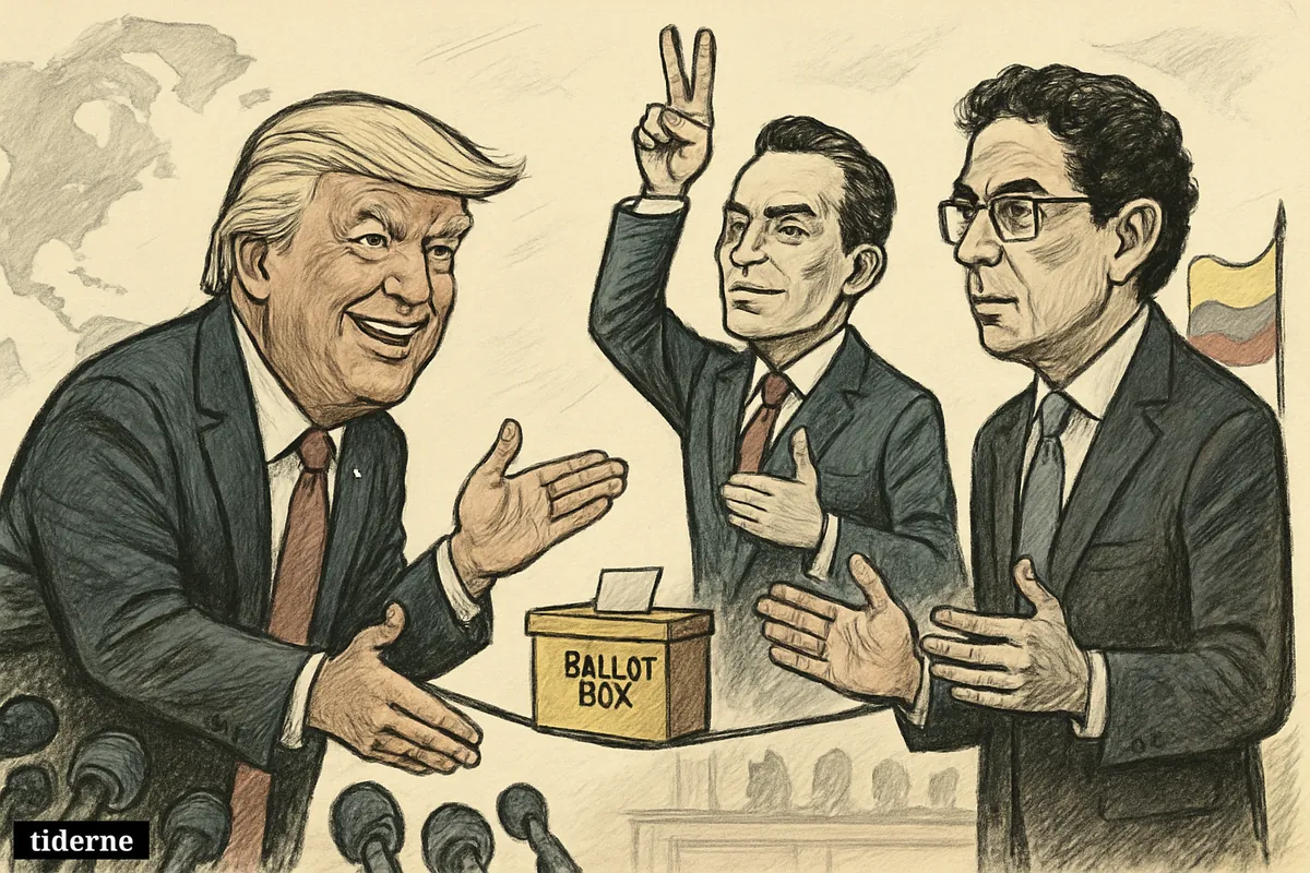 Trump endorses Abelardo de la Espriella beside a tightrope ballot box while Iván Cepeda confronts them in a tense Colombia election scene.