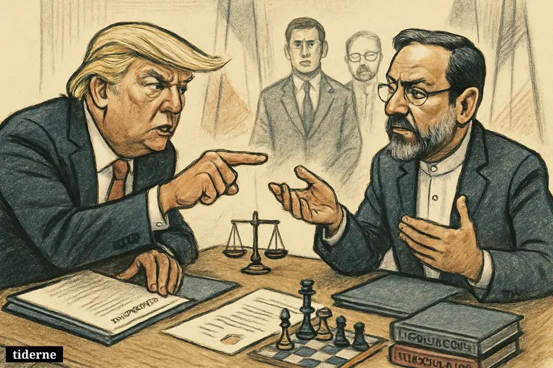 Caricature of Donald Trump and Abbas Araghchi facing off across a negotiation table with documents, chess pieces, and diplomatic tension.