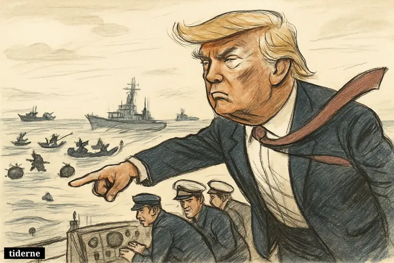 Donald Trump on a warship points angrily toward mine-laying speedboats in the Strait of Hormuz as sailors and larger naval vessels surround him.