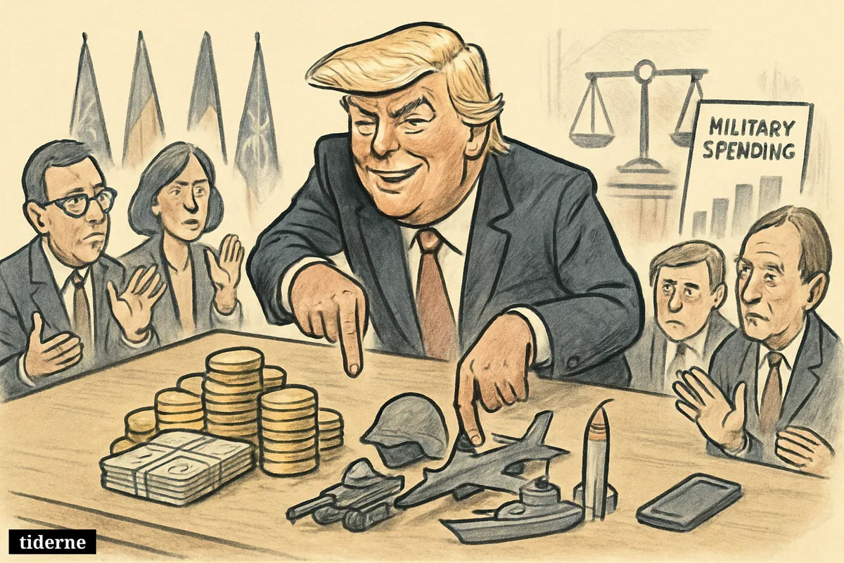 Caricature of Donald Trump at a NATO-style table lumping military costs into one big pile while skeptical delegates look on.