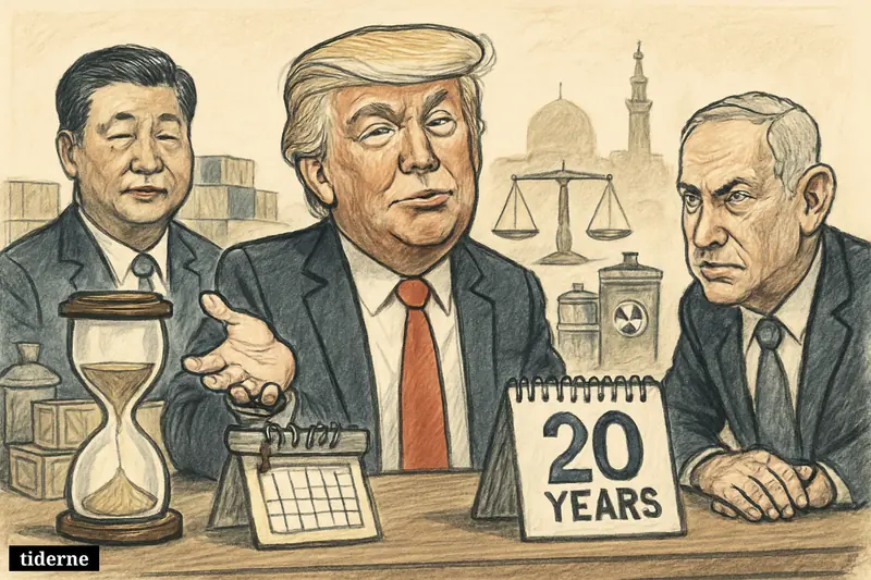 Trump shrugs at a negotiation table beside Xi and a tense Netanyahu, with nuclear restraint props and distant Tehran in the background.