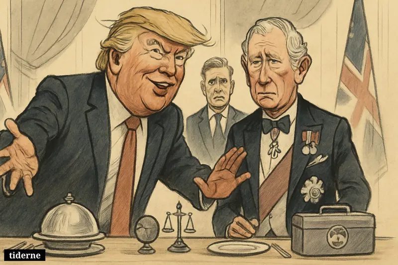 Trump grandly gestures beside an uneasy King Charles at a state dinner while Keir Starmer watches tensely, with diplomatic and nuclear-themed table props.