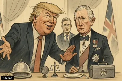 Trump grandly gestures beside an uneasy King Charles at a state dinner while Keir Starmer watches tensely, with diplomatic and nuclear-themed table props.