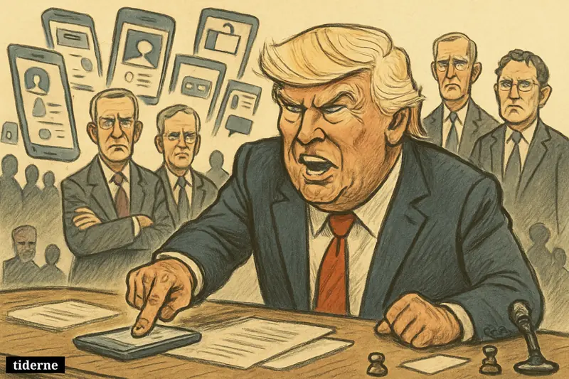 Trump at a command desk points at a phone while Tillis, Cassidy, and Massie stand tensely behind amid social-media screens and campaign props.