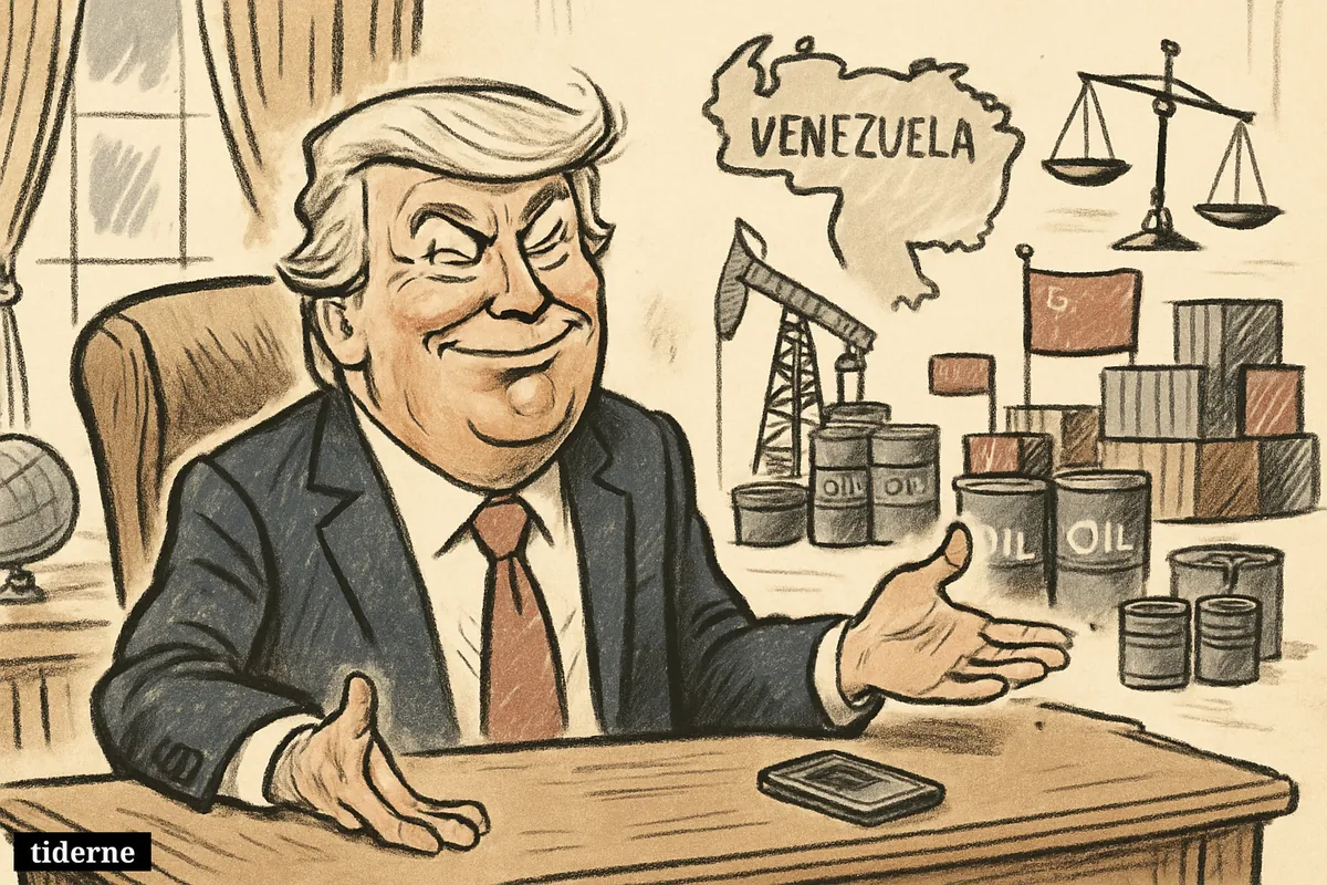 Caricature of Donald Trump at a presidential desk welcoming foreign investment, with Venezuela oil symbols, shipping containers, and sanction-themed props around him.
