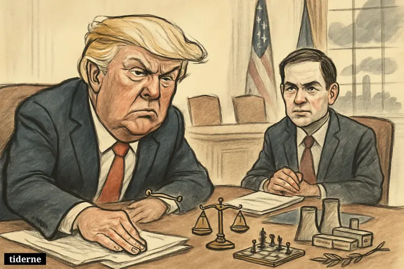 Trump and Rubio sit in a tense White House meeting room, with negotiation and conflict symbols on the table between them.