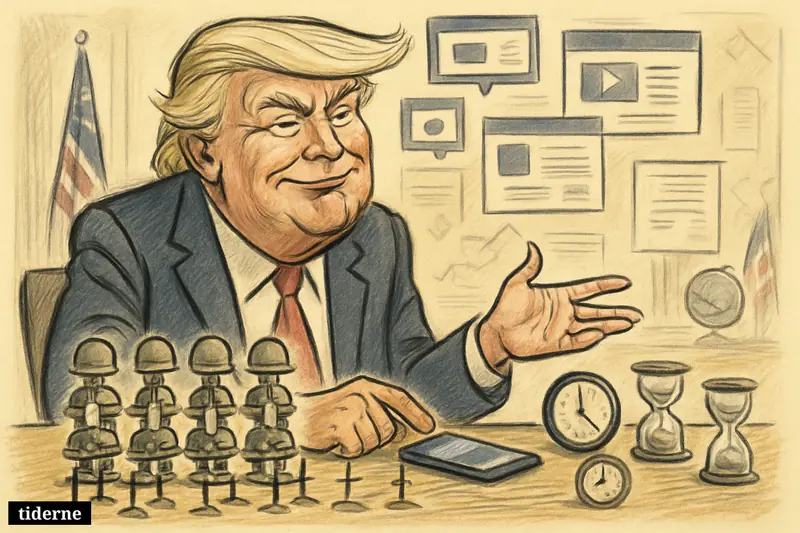 Caricature of Donald Trump presenting war death tallies from his desk, with a smartphone, military markers, clocks, and reposted media panels behind him. (AI-genereret illustration)
