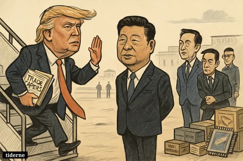 Caricature of Trump arriving in Beijing to meet Xi, with Han Zheng, tech executives, and props symbolizing trade, chips, minerals, and geopolitics.