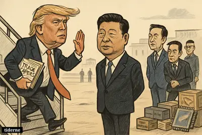 Caricature of Trump arriving in Beijing to meet Xi, with Han Zheng, tech executives, and props symbolizing trade, chips, minerals, and geopolitics.