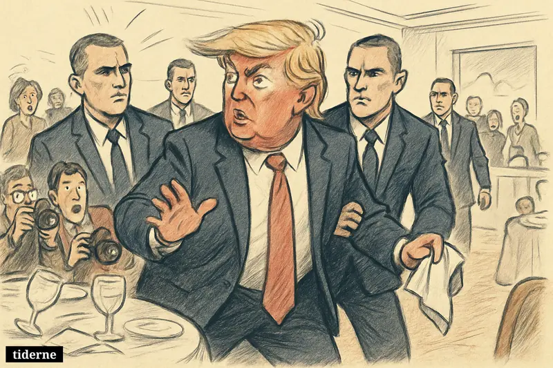 Donald Trump is hurried away from a press dinner by Secret Service agents as guests and reporters react in alarm.