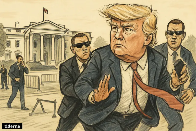 Donald Trump is escorted urgently by Secret Service near the White House while security agents lock down the area and reporters wait behind barriers.