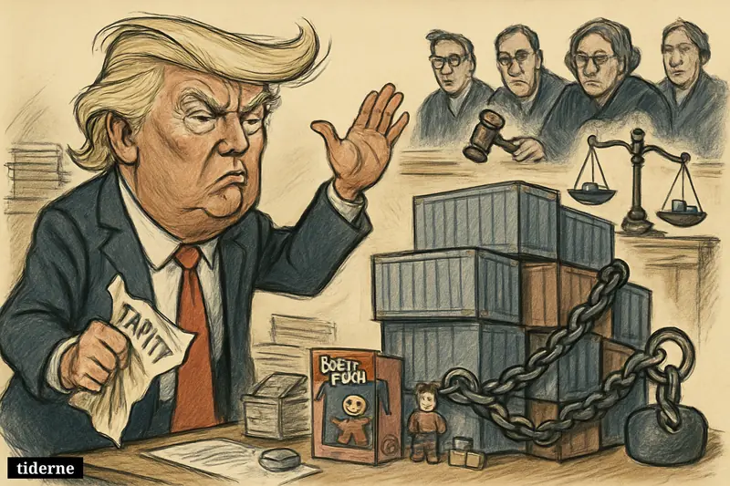 Donald Trump in a courtroom, angrily struggling with chained cargo crates as judges block his tariffs with gavels and scales.