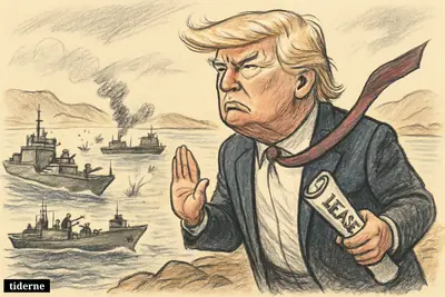 Donald Trump on a shore above Hormuz insists on a ceasefire while warships exchange fire and tankers sit tensely behind them.