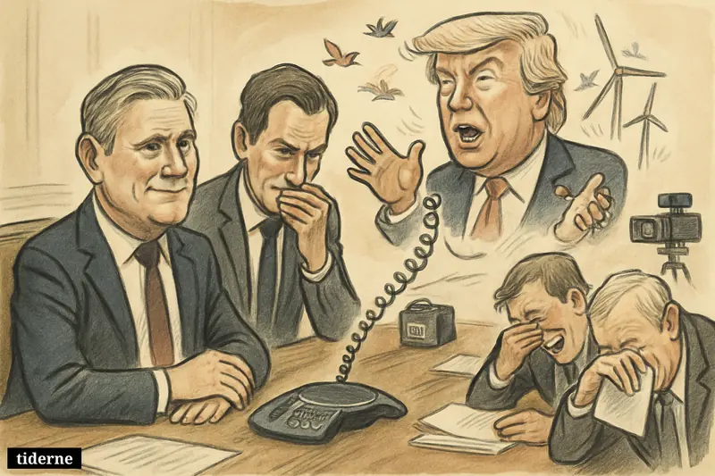 Starmer, McSweeney, and laughing officials listen on speakerphone as an animated caricature Trump tells a bizarre story involving foxes, birds, and wind turbines.