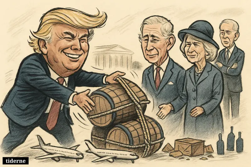 Trump sweeps whisky barrels aside before King Charles and Queen Camilla while Biden watches, with jets hinting at a trade dispute.