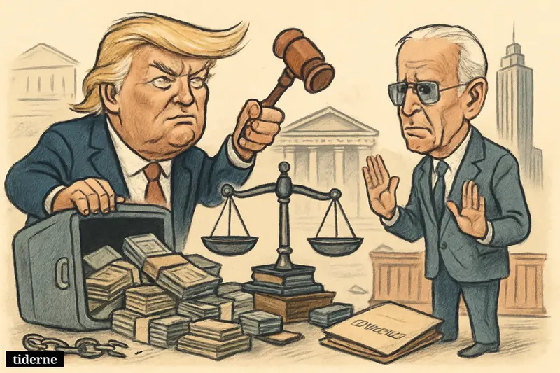 Donald Trump and Joe Biden face off beside an overflowing fund vault, with legal scales, courthouse props, and money symbolizing power and justice conflict.