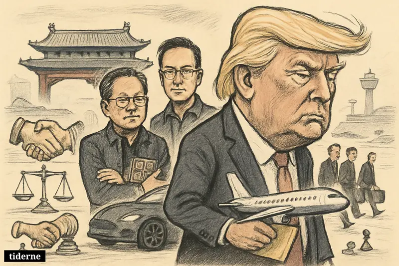 Trump leaves a Beijing airport looking disappointed, holding a model jet, while Elon Musk and Jensen Huang stand nearby amid trade-themed symbols.