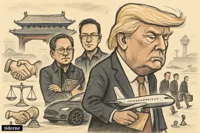 Trump leaves a Beijing airport looking disappointed, holding a model jet, while Elon Musk and Jensen Huang stand nearby amid trade-themed symbols.
