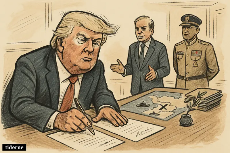 Trump caricature extends blockade and ceasefire at a desk while Pakistan’s prime minister and army chief stand tensely beside a Middle East map.