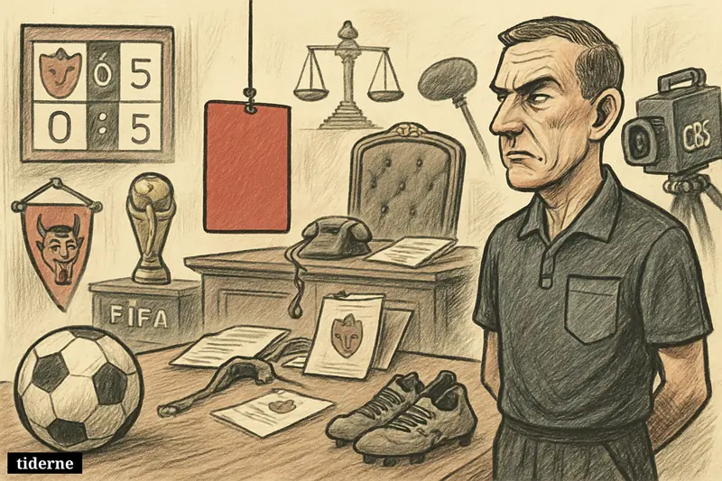 A satirical football hearing room with a dangling red card, White House hints, FIFA trophy, TV cameras, and symbols of politics and sport. (AI-genereret illustration)