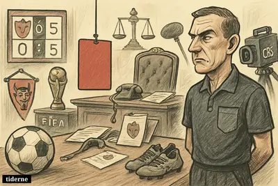 A satirical football hearing room with a dangling red card, White House hints, FIFA trophy, TV cameras, and symbols of politics and sport. (AI-genereret illustration)