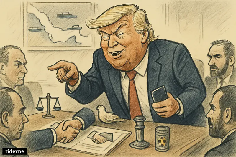 Donald Trump caricature stands over a negotiation table, pointing at an agreement as ships, maps, and peace-and-nuclear symbols surround him.