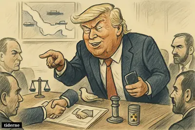 Donald Trump caricature stands over a negotiation table, pointing at an agreement as ships, maps, and peace-and-nuclear symbols surround him.