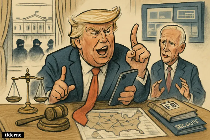 Trump at a presidential desk makes a forceful declaration while Biden watches, surrounded by justice symbols, security files, and distant protest silhouettes.