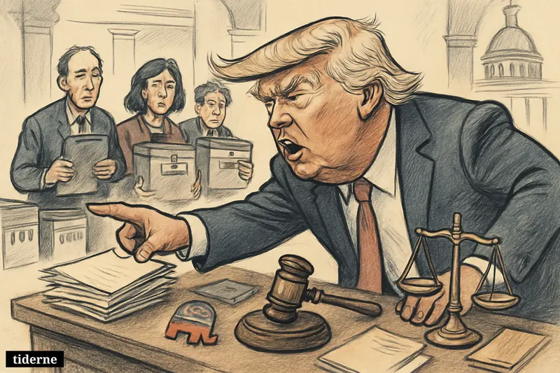 Donald Trump looms over election workers and ballot boxes in a tense government hall, pressing into the midterm voting process.