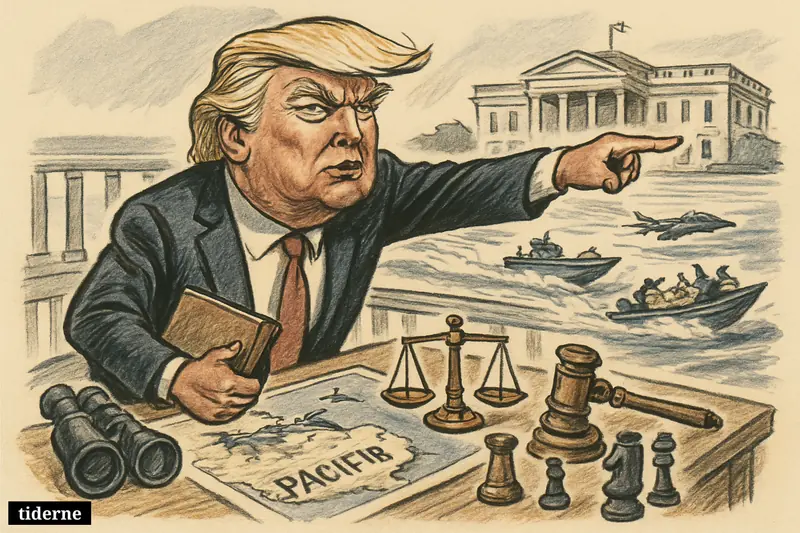 Caricature of Donald Trump directing military action from the White House as patrol boats and aircraft close in on suspected drug-smuggling boats.