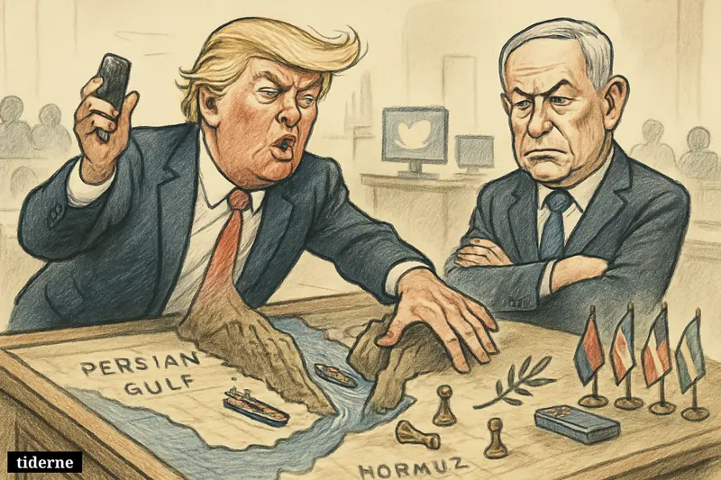 Trump theatrically opens the Strait of Hormuz on a map table while Netanyahu watches, with oil tankers, diplomacy props, and regional delegates nearby.