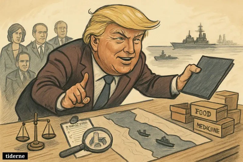 Caricature of Donald Trump at a negotiation table with inspection tools, aid crates, and halted warships near a narrow waterway.