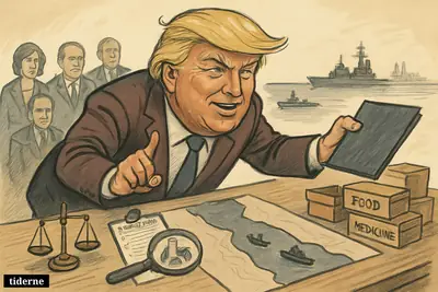 Caricature of Donald Trump at a negotiation table with inspection tools, aid crates, and halted warships near a narrow waterway.