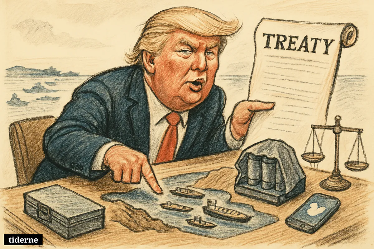 Caricature of Donald Trump presenting a treaty at a negotiation table with a model of the Strait of Hormuz and nuclear-control symbols.