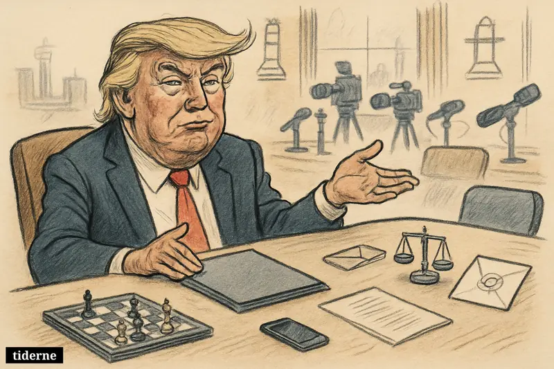 Donald Trump caricature at a negotiation table, dismissing an unopened folder while media cameras and diplomatic props suggest an unverified Iran proposal.